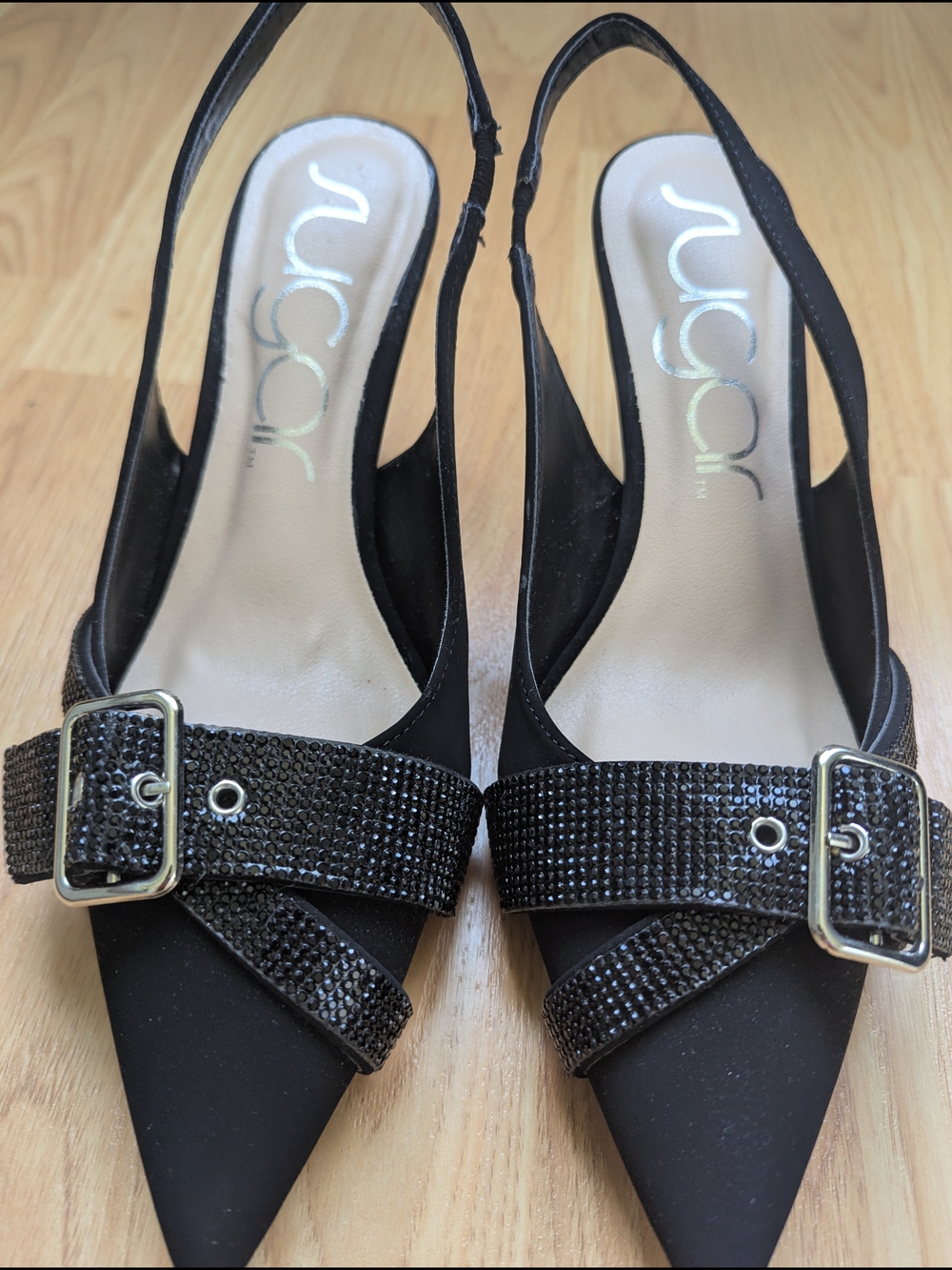 Sugar Black Pointed-Toe Slingback Pumps with Buckle Embellishment